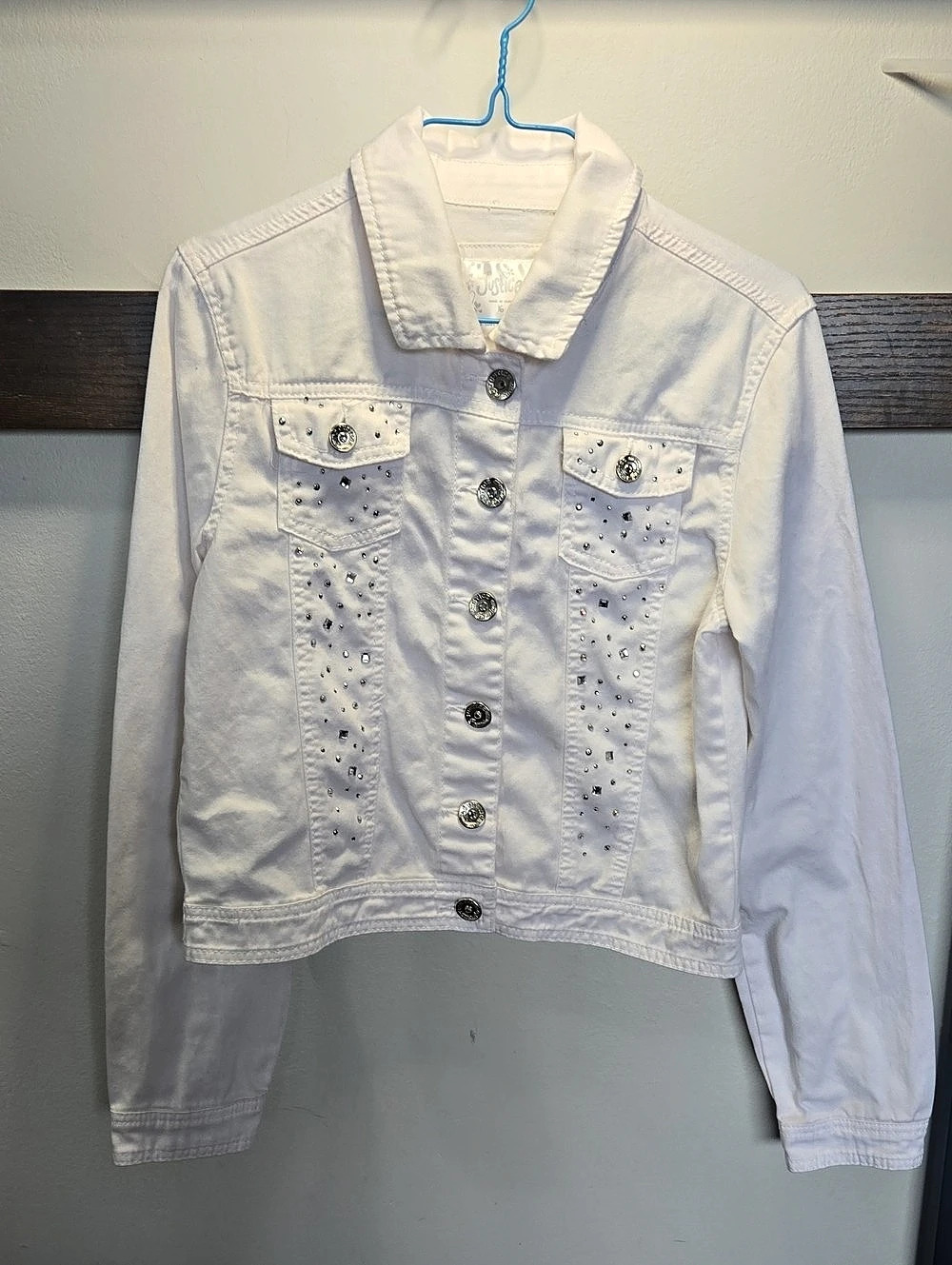 Justice White Embellished Denim Jacket Like New Dolly Parton